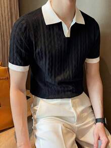 ALTZTAR 男士撞色短袖针织麻花纹理 Polo 衫 - 黑色 - 查看 4