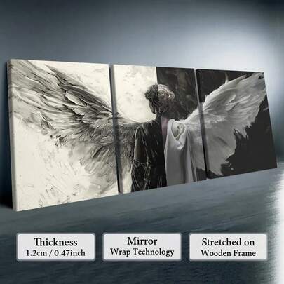 Pintura en lienzo con marco de madera, 3 piezas/set de arte de pared con patrón de ángel, decoración moderna para el hogar, salón, dormitorio y oficina