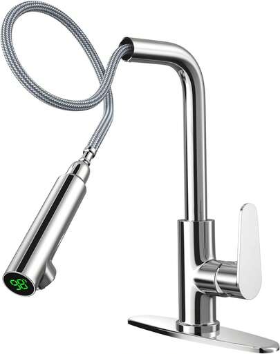 CXRYLZ Pull Down Sprayer Kitchen Faucet With Temperature Digital Display Single Handle High Arc Pull Out Sink Tap With Deck Plate Chrome Modern Kitchen Upgrade