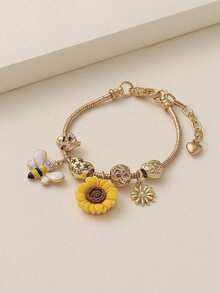 1 Piece Of Fashionable Bracelet Featuring A Golden Sunflower, Bee, And Hollowed-Out Heart-Shaped Flower Design For Teenagers - Multicolor - View 3