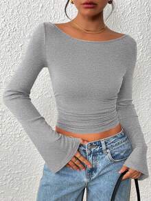 Women's Spring Fall Long Sleeve Shirts Crop Going Out Tops Casual Boat Neck Bell Sleeve Ribbed Ruched Y2K Clothes - Grey - View 2
