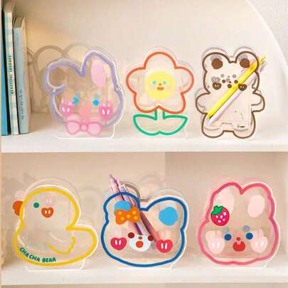 1个卡通学生桌面笔筒，可爱小熊和兔子多功能亚克力透明文具收纳盒