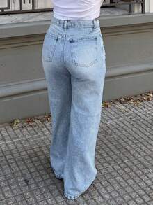 Jeans rectos de pierna ancha con diseño de bolsillo rasgado para mujer - Lavado ligero - Ver 2