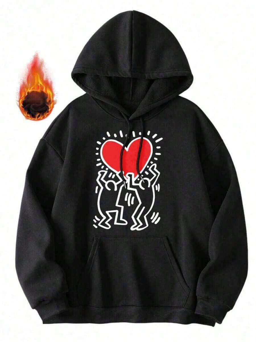 Hooded Sweatshirt Black Keith Haring Heart Print Casual WearY2K-W-Valentine Outfits For Women - màu đen - Xem 1