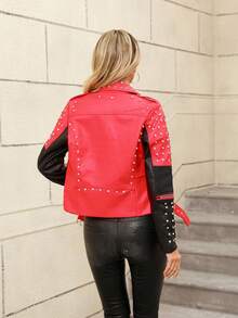 Women's Autumn/Winter Faux Leather Biker Jacket - Rhinestone Embellished, Asymmetric Zipper Design, Adding Fashionable Touch To Street Style In Cold Season - Red - View 2