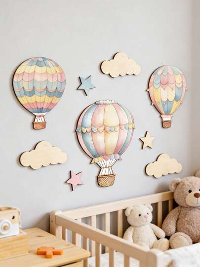 9 Piece Hot Air Balloon And Star Wooden Wall Decor Set, Easy Hanging Baby Room Decor