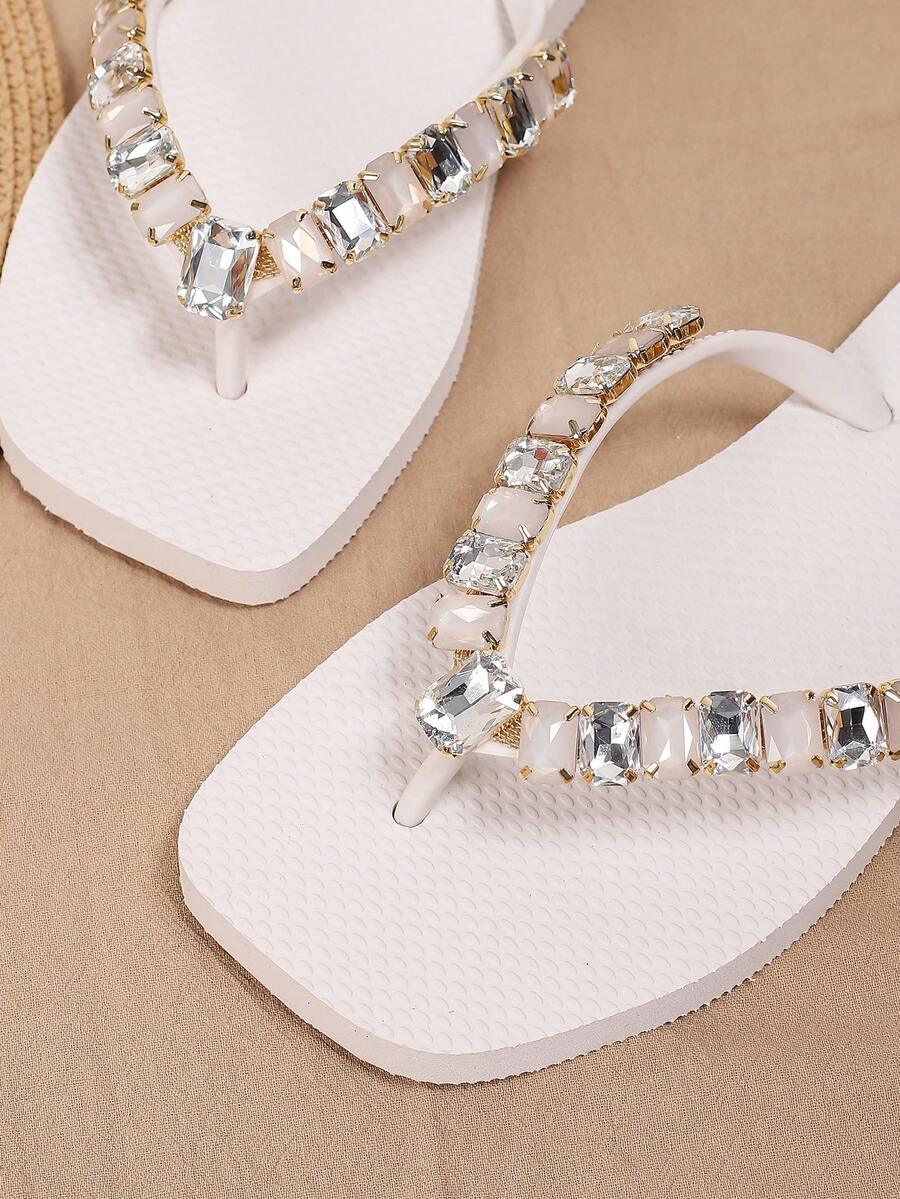 Evertop Surf Dép xỏ ngón nữ mùa hè mới về, dép quai ngang đính đá vuông hai màu đa năng, dép đi biển. - trắng - Xem 1