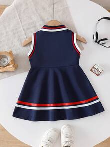 Baby Girls' Fashionable Versatile Minimalist Collegiate Striped Polo Collar Sleeveless A-Line Dress, Suitable For School, Study, Campus Activities, Relaxing At Home, Outdoor Play, Etc. - Royal Blue - View 2
