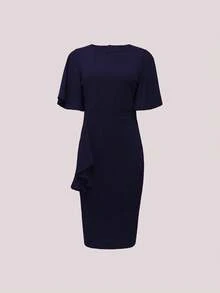 Đầm ôm sát dáng vintage màu trơn cổ tròn thắt eo dành cho nữ, thích hợp cho mùa xuân/hè. - Màu xanh hải quân - Xem 4