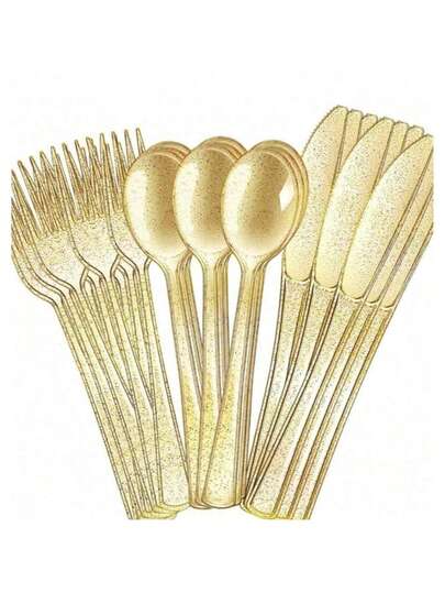 150pcs Gold Glitter Reusable Party Tableware Set - Includes 50 Forks, 25 Knives, 25 Spoons - Reusable Washable Cutlery Set For Party, Holiday Celebration, Dinner, Wedding, Kitchen, Valentine's Day