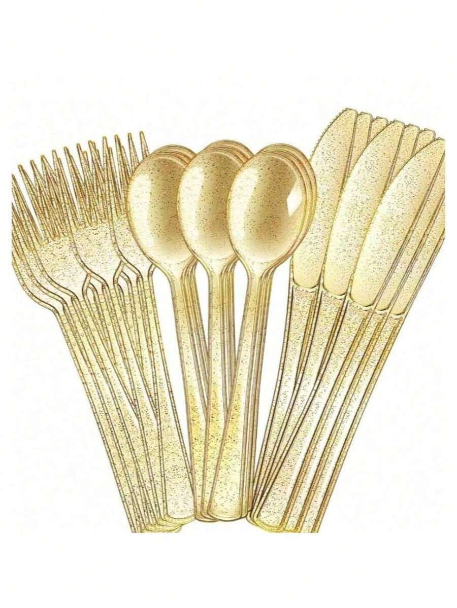 150pcs Gold Glitter Reusable Party Tableware Set - Includes 50 Forks, 25 Knives, 25 Spoons - Reusable Washable Cutlery Set For Party, Holiday Celebration, Dinner, Wedding, Kitchen, Valentine's Day - Multicolor - View 1