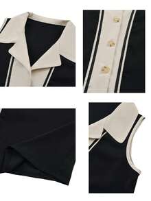 Camisa casual sin mangas de mujer con solapa de color contrastante y abotonadura sencilla en negro - Negro - Ver 6