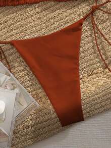 PEPPERMOLLY 新款柔软纯色细肩带交叉露背派对比基尼套装，优雅女士夏季沙滩时尚比基尼，黑色度假款 - 深橘色 - 查看 5