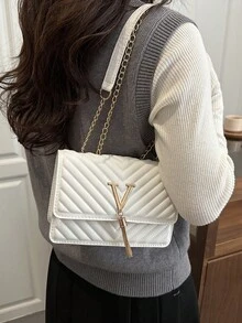 Women's Handbag, Tote Bag, Shoulder Bag, V-Shaped Bag, High-End Bag, Tassel Bag, Suitable For Holiday, Office Lady & Student, Black - White - View 4