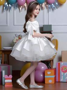 Young Girl White Bow Tulle Elegant Party Dress, Princess Dress Suitable For Girls Birthday Party, Wedding Flower Girl, Prom, Luxury Evening Gown, Easter, Graduation - White - View 9
