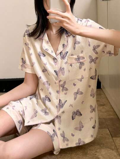 Pure Slumber 2pcs Butterfly Print Women Textured Pajama Set, Button-Up Short Sleeve Top And Shorts, Suitable For Spring/Summer