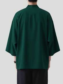 男士休闲和服式开襟衬衫，100% 涤纶，宽松休闲版型 | 飘逸面料 - 墨綠色 - 查看 4