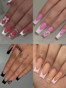 24pcs Acrylic French Manicure Medium Square Press-On Nails Set, Y2K Red Heart Shaped Artificial Nails, Suitable Nail Salons, Teenage Girls And Women Daily Wear And Holiday Party Decoration, Set - 多色 4 - 查看 2