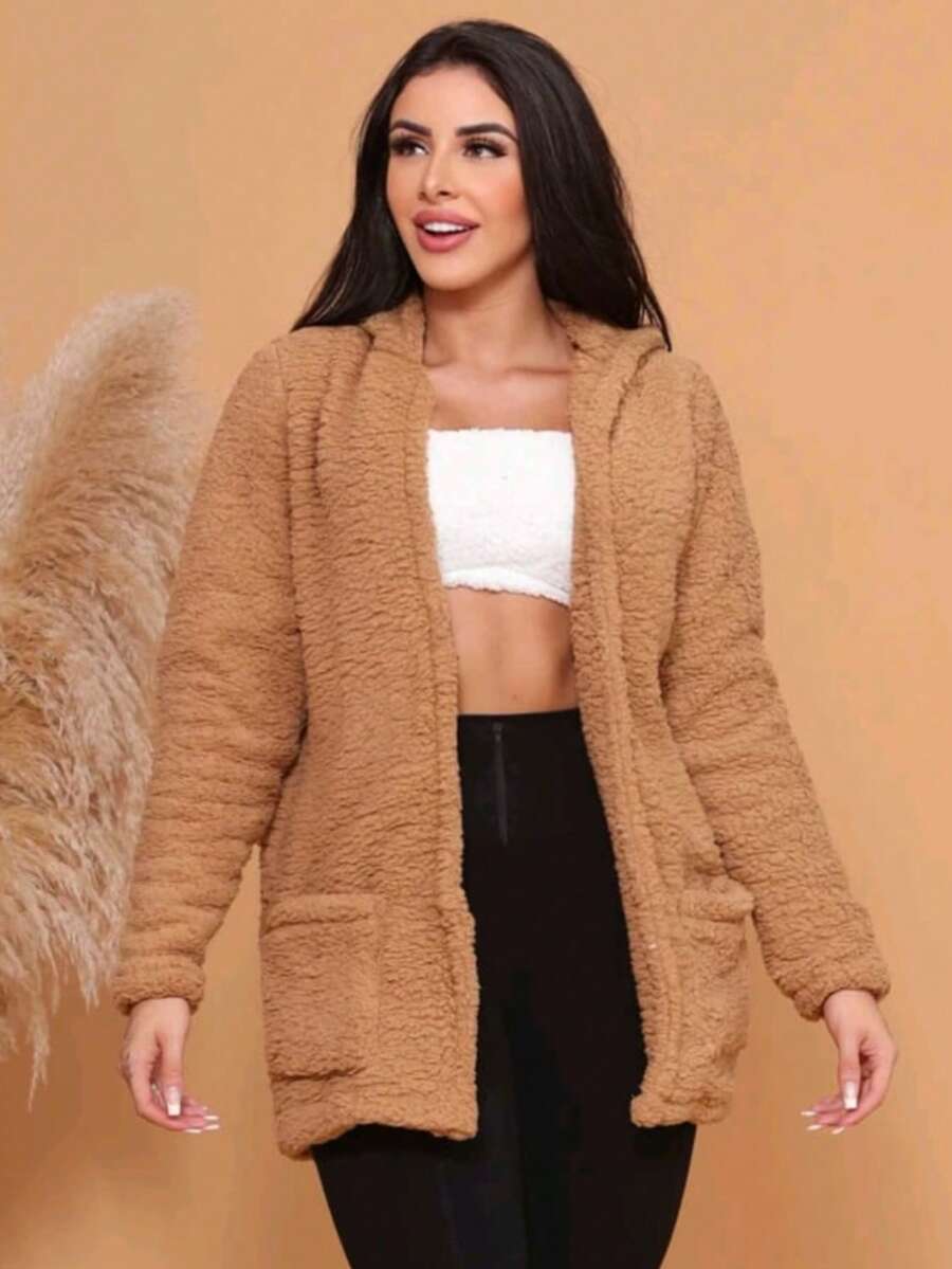 Simple Casual Party Woolen Fabric Fuzzy Coat Everyday Winter - Camel - View 1