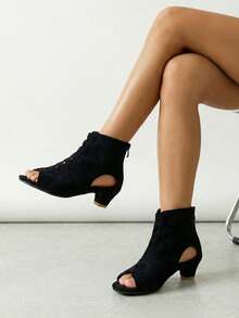 1 Pair Girls' Summer New High Heel Sandals, Versatile Black, Hollow Vamp, Back Zipper, Stylish Children's High-Top Shoes, Open Toe, Suitable For Parties And Gatherings, Matching Outfits - Black - View 1