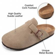 Women's Suede Clogs With Buckle Closure And Rubber Sole,Women's Summer Suede Clogs Slip On Mules Cork Footbed Potato Shoes Comfort Closed Toe Sandals With Arch Support.Apricot Leather Mules Cork Footbed Sandals Potato Shoes With Arch Support,Slide Sandals For Women's,The Mueller Shoes Are Adjustable And Come With A Flat Bottom, Making Them Easy To Wear And Cool. - 香檳色 - 查看 3