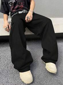 Y2K复古风男士黑色水洗宽松阔腿牛仔裤，直筒休闲版型牛仔裤，送给老公或男友的完美礼物 - 黑色 - 查看 1