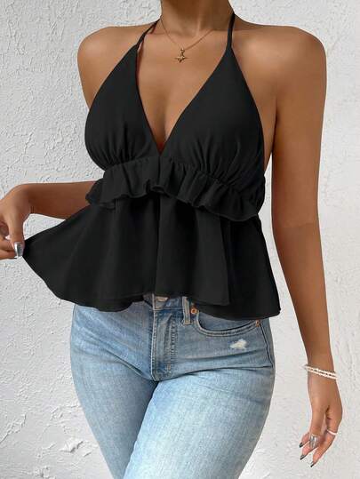 Blusa de verano para mujer de unicolor con cuello en V profundo, ribete de volantes y espalda descubierta, informal en color negro