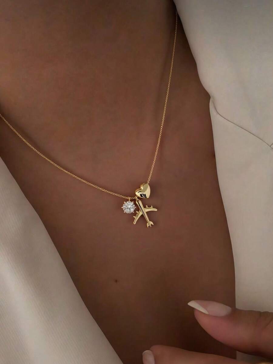 1 件优雅锆石镶嵌心形和飞机吊坠项链，适合女性佩戴，适合度假、旅行、日常、约会、派对、节日礼物 - 金黃色 - 查看 1