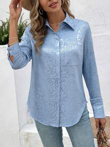 Camisa de oficina elegante de mujer de solapa única con jacquard de rosa - Lavado ligero - Ver 3