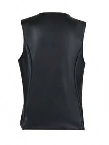 Women's Solid Color PU Front Button Sleeveless Vintage Top Casual Black Summer - Black - View 5