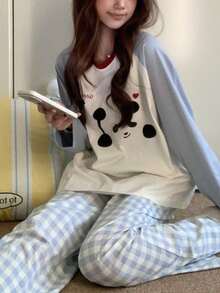 2pcs/Set 2026 Spring Autumn Women Cotton Panda Print Blue Long Sleeve Pajama Set - Baby Blue - View 7