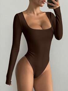 6pecil Women's Shapewear Bodysuit, Shaping Leggings With Slit Waist, Thong Or Briefs, Long-Sleeved Solid Color Sports Bodysuit. - Coffee Brown - View 3