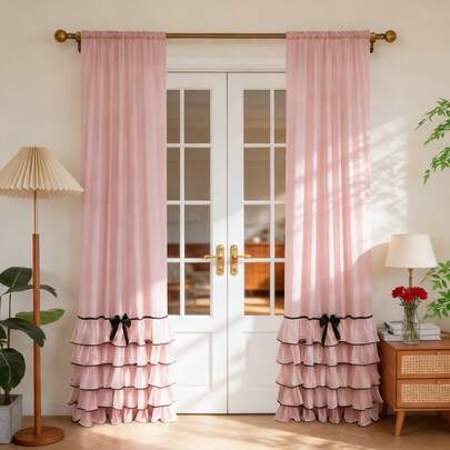 Solidne panele zasłonowe z warstwową falbaną na dole i czarną kokardą, kieszenie na drążek, zasłony do okna francuskiego w stylu vintage z kontrastową lamówką, estetyczna dekoracja pokoju do sypialni, salonu, pokoju dziecięcego i pokoju dla dziewcząt
