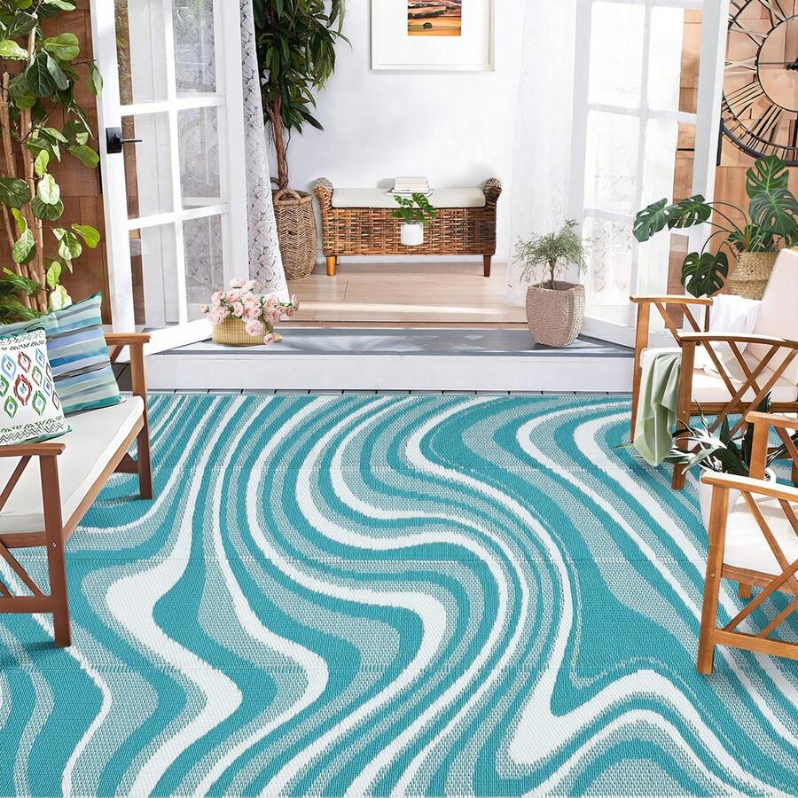 1Pcs Modern Abstract Pattern Outdoor Area Rug For Balcony Pool RV Waterproof Reversible Mat Palm Vintage Straw Plastic Camping Carpet For Patio Deck - xanh nhạt trắng - Xem 1