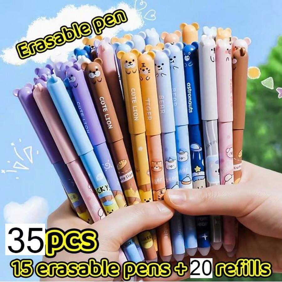 35pcs Animal Erasable Gel Pen Set, Includes 15 Pens + 20 Refills, Assorted Animal Designs, Suitable For Students, Back To School Gift - Sets - View 1