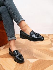 女士乐福鞋，圆头平底流苏乐福鞋，户外复古套脚鞋，休闲鞋 - 黑色 - 查看 2