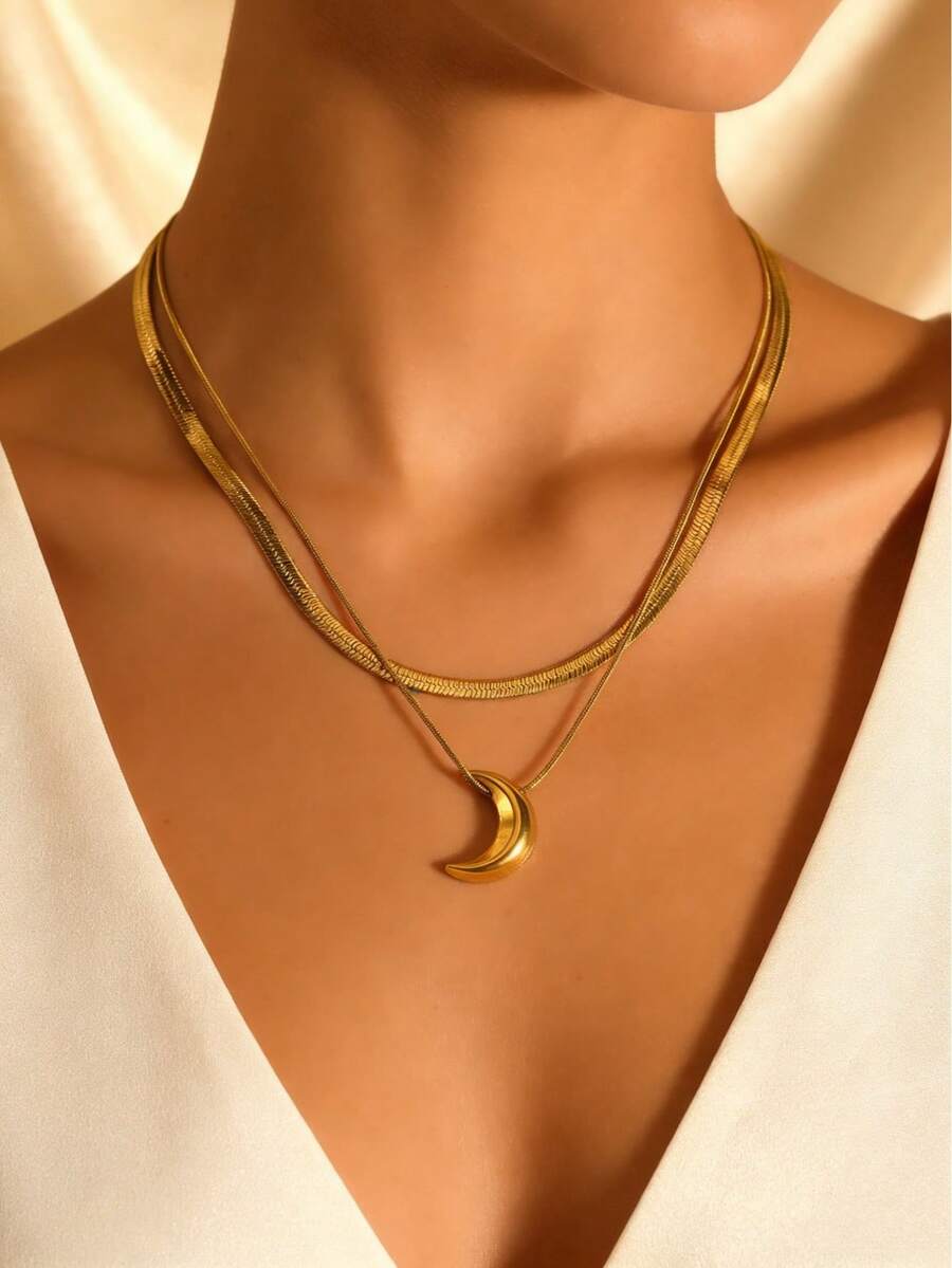 MECYLIFE 1 Stück Damenkette mit doppellagiger Klinge & Schlangenkette, Edelstahl Gold Halbmond Anhänger - Goldgelb - Übersicht 1