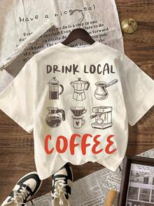 咖啡俱乐部图案T恤，女士休闲圆领短袖T恤，春夏款 - 淺杏色 - 查看 2