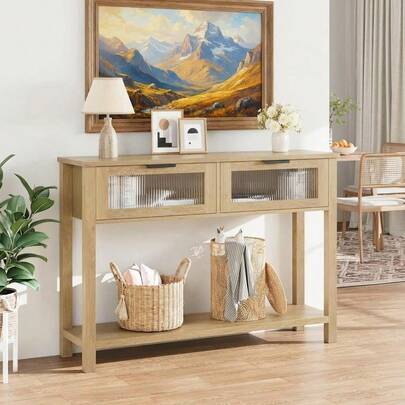 Color de madera natural Mesa de Consola Retro de 2 Niveles con 2 Cajones de Vidrio, para Entrada y Sala