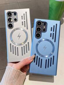 New Hollowed Breathable Heat-Dissipating Lightning Pattern Magnetic Wireless Charging Phone Case Compatible With Samsung Galaxy S26Ultra S25Ultra S24Ultra S23Ultra S22Ultra S26 S25 S24 Plus Luxury Full Cover Metal Paint Skin Feel Matte Protective Back Cover - Silver - View 3