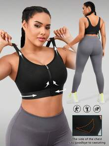 1pc Plus Size Women Sports Bra, Front Zipper Closure, Lift And Support, Casual Wear Black Summer - Black - View 7