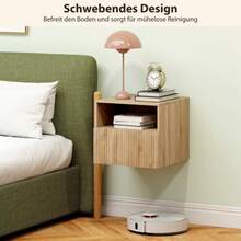 Handleless Bedside Table With Open Compartment, Drawer, And Wall Mounting Hardware, Light Brown - Natural Wood Color - View 7