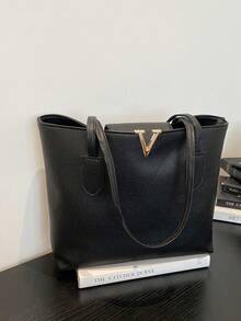 1pc Women's Fashionable Commuter Solid Color Shoulder Bag, Portable Versatile Large Capacity Tote Bag, Suitable For Dates, Shopping, Gifts, Work - Black - View 9