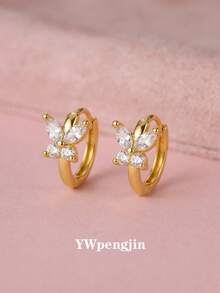 1 Pair Exquisite Sparkling Full Zirconia Butterfly Earrings, Ideal Gift For Kids, Girls, Friends For Party, Vacation, Beach, Festivals, Daily Wear, Birthday, Valentine's Day, Anniversary - Gold - View 1