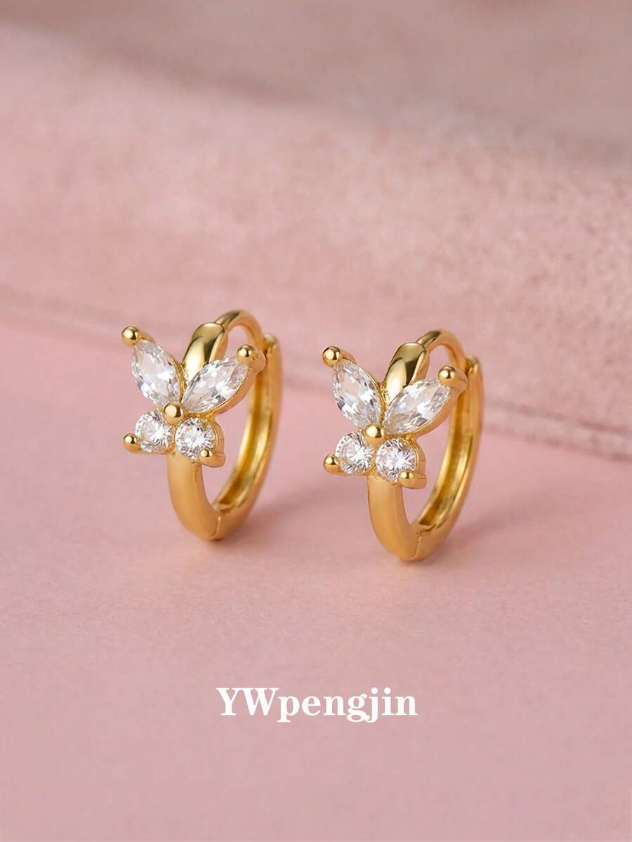 1 Pair Exquisite Sparkling Full Zirconia Butterfly Earrings, Ideal Gift For Kids, Girls, Friends For Party, Vacation, Beach, Festivals, Daily Wear, Birthday, Valentine's Day, Anniversary - Gold - View 1
