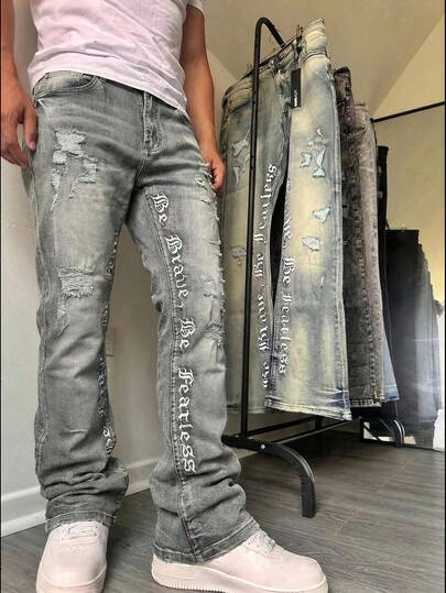Embroidered Flared Jeans, Men's Denim Jeans With Embroidered Letters, Slim Fit Flare Leg Jeans, Distressed Flare Leg Jeans With Patches, Y2K Stacked Washed Jeans, Contrast Washed Patched Jeans, Suitable For All Seasons