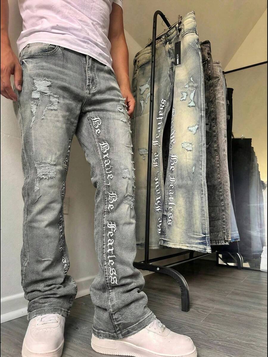 Jeans acampanados bordados, jeans de mezclilla para hombres con letras bordadas, jeans ajustados con pierna acampanada, jeans acampanados desgastados con parches, jeans lavados apilados Y2K, jeans lavados con parches en contraste, aptos para todas las estaciones