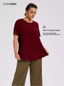 Camiseta deportiva para mujer de talla grande, con mangas raglán, bajo curvo y transpirable, adecuada para el gimnasio, correr, yoga - Burdeos - Ver 3