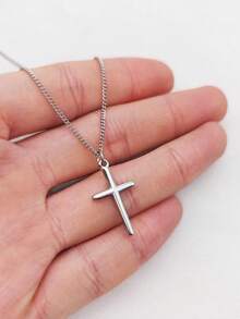 1件不锈钢复古法式银色十字架吊坠项链，男女通用 - 銀色 - 查看 5