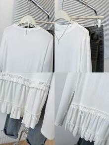 Soulscape 女士春季花卉荷叶边长袖T恤，独特修身打底衫 - 白色 - 查看 10